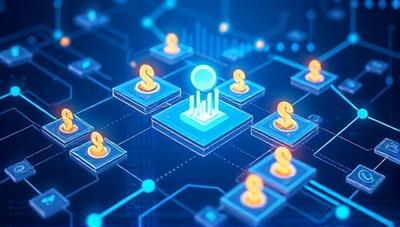 A futuristic digital illustration depicting a network of interconnected blocks symbolizing blockchain technology, with digital currency icons flowing through the blocks, illustrating the concept of decentralized finance and innovation, creating a visually captivating representation of blockchain disruption.