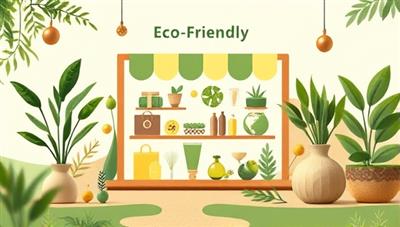 An artistic representation of an online eco-friendly marketplace, featuring a digital platform showcasing a variety of sustainable products, organic materials, and eco-conscious brands, surrounded by greenery and earthy tones, conveying a message of environmental stewardship and conscious living.