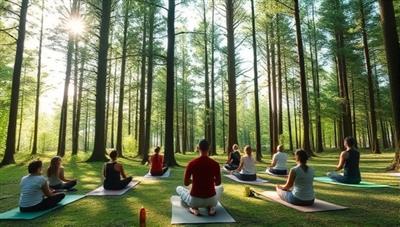 A tranquil yoga session in a lush forest clearing, with participants practicing meditation and mindfulness surrounded by tall trees, soft sunlight filtering through the leaves, creating a serene and harmonious atmosphere of relaxation and inner connection.