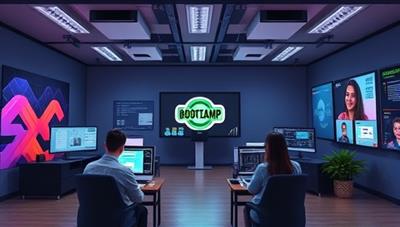 An online bootcamp setting with virtual classrooms, interactive project boards, and a digital mentorship corner, showcasing a tech-savvy and immersive learning environment for skill-building.