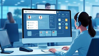 An illustration of a sleek virtual assistant interface on a computer screen, interacting with a customer service representative in a call center environment, demonstrating the efficiency and intelligence of CommAI Assist in telecommunication interactions.