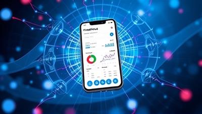 An imaginative visualization of FinanceFocus+, showcasing a mobile screen with financial planning tools, investment charts, and goal trackers, surrounded by a digital aura symbolizing financial empowerment and focus through the app.