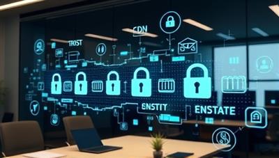 An office setting with a digital display showing a chain of encrypted blocks representing secure financial transactions, surrounded by symbols of cybersecurity and compliance, illustrating trust and transparency in financial audits.