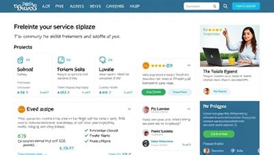 A digital marketplace interface displaying a variety of freelance service categories and project listings, with user testimonials and ratings, indicating a thriving community of skilled freelancers and satisfied clients, fostering a collaborative and productive environment.