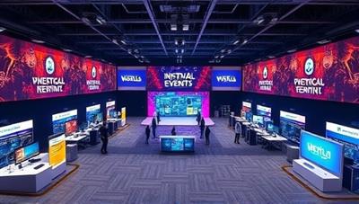 An immersive virtual event space showcasing a digital conference hall with interactive booths, networking areas, and a main stage, highlighting the platform's capabilities for hosting diverse events in a virtual environment.