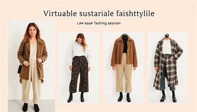 A virtual sustainable fashion styling session featuring a stylist curating eco-friendly outfits, showcasing sustainable clothing pieces, and discussing ethical fashion choices with a client, illustrating a stylish and conscious virtual fashion experience.