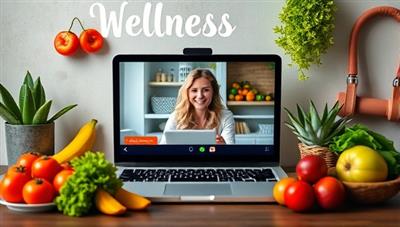 An engaging visual of a virtual wellness coaching session, with a coach providing nutritional advice to a client via video call, surrounded by images of fresh fruits, vegetables, and exercise equipment, evoking a sense of health and vitality.