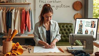 An artistic visualization of a subscriber transforming old garments into trendy upcycled fashion pieces in a virtual workshop from EcoChic Style Studio, surrounded by sustainable fabrics, sewing tools, and digital screens displaying ethical fashion tips, highlighting the creativity and eco-friendly ethos of the sustainable fashion workshop subscription service.
