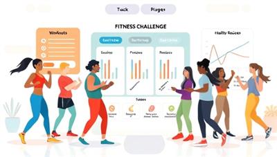 An engaging illustration of a virtual fitness challenge platform with diverse avatars participating in workouts, tracking progress charts, sharing healthy recipes, and cheering each other on, fostering a sense of community and motivation.