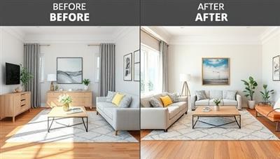 An aesthetically pleasing virtual room design showcase with before-and-after images, featuring a transformed living space with stylish decor, furniture arrangements, and color schemes, highlighting the impact of virtual interior design consultations.
