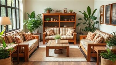 An inviting living room setting adorned with ReclaimHaven's upcycled wooden furniture, complemented by lush greenery and natural light, creating a cozy and sustainable ambiance that reflects the essence of ReclaimHaven's offerings.