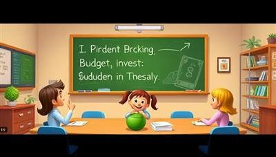 A vibrant and engaging online classroom setting with animated characters learning about budgeting, investing, and saving money in a fun and interactive way, representing the innovative approach to financial education.