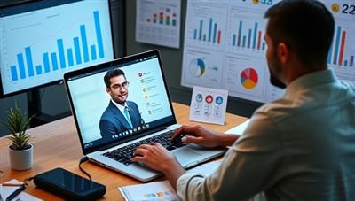 A virtual CFO working remotely on a laptop, engaging in a video call with a team, surrounded by financial reports and graphs, symbolizing strategic financial guidance and virtual collaboration in the digital age.