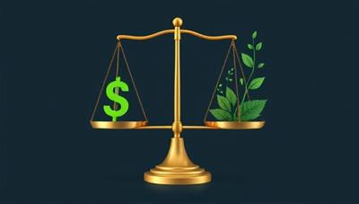A visual representation of EcoBalance Financials, featuring a balance scale with financial symbols on one side and green eco-friendly icons on the other, symbolizing the integration of financial and sustainable practices for balanced corporate performance.