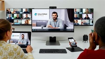 A virtual workshop setting with multiple participants joining an interactive session led by an expert instructor, displayed on computer screens, tablets, and smartphones, illustrating the diverse learning opportunities and global reach of SkillForge Virtual.