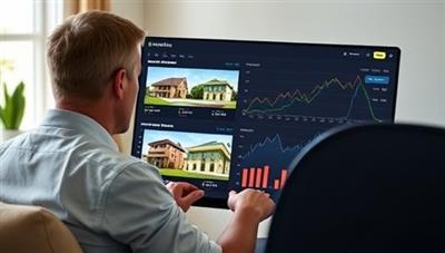 An investor reviewing property listings on a sleek and user-friendly online platform, with graphs showing potential returns and investment performance, conveying trust and transparency in the investment process.