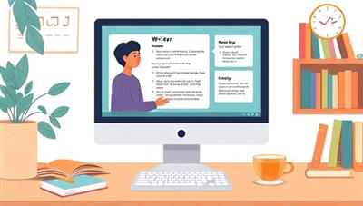 An illustration of a computer screen showing a writer interacting with an AI assistant, displaying a user-friendly interface with writing suggestions and prompts, surrounded by a creative workspace with books and a cup of tea.