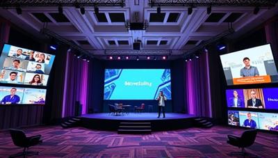 A virtual event setup with screens displaying interactive activities, a digital stage for presentations, and virtual networking rooms, creating a dynamic and immersive online event experience for participants.