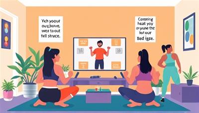 A vibrant digital illustration of a diverse group of people working out at home, following a virtual coach on a screen, with motivational quotes and fitness trackers visible, conveying energy and commitment to health.