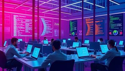 A futuristic and tech-themed digital illustration showcasing a virtual coding classroom with students working on laptops, lines of code floating in the air, and digital interfaces displaying programming concepts, symbolizing the innovative and immersive learning experience at CodeCraft Academy.