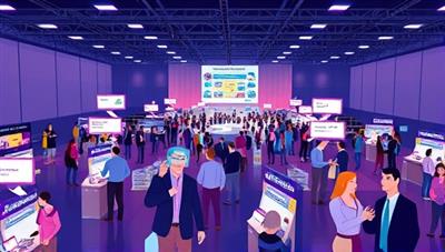 An illustration of a vibrant virtual conference environment with attendees networking in virtual booths, attending keynote sessions, and interacting with sponsors, showcasing the dynamic and engaging experience of virtual events hosted on the platform.