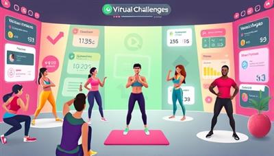 A dynamic digital illustration showcasing a virtual fitness challenge environment with avatars of participants engaging in various workout activities like yoga, cardio, and strength training, surrounded by motivational messages, progress trackers, and interactive fitness challenges, highlighting a fun and energetic fitness community.