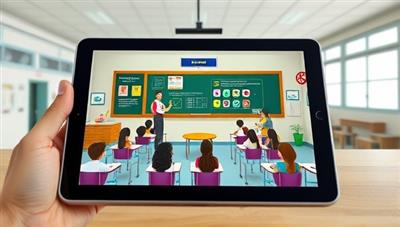 An engaging virtual classroom environment depicted on a tablet screen, showcasing interactive lessons and AI-powered study tools that cater to different learning styles, fostering a dynamic and personalized learning experience.