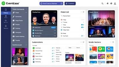 A dynamic event planning dashboard interface displaying various virtual event elements such as attendee lists, agenda schedules, theme customization options, and vendor selections, showcasing the comprehensive and user-friendly features of EventEase.