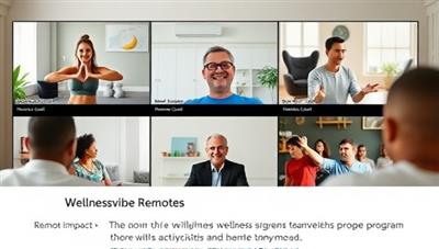 A virtual wellness session with remote employees participating in a virtual fitness class led by a wellness coach, engaging in mindfulness exercises and team-building activities, highlighting the positive impact of WellnessVibe Remote's employee wellness programs on remote team health and morale.