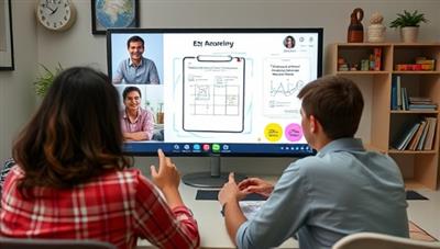 An engaging online tutoring session with a tutor and student interacting through video chat, a virtual whiteboard, and educational materials on the screen, showcasing personalized learning in a digital environment that fosters academic growth.