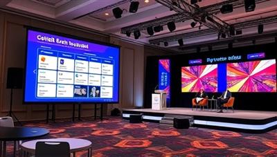 A virtual event setup featuring a digital event agenda on a screen, interactive networking tools, and a virtual stage with engaging visuals and branding elements, capturing the essence of a seamlessly executed virtual event through EventVirtuoso's platform.