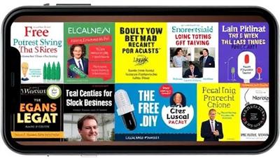 A visual representation of various podcast cover arts from LegalWave Podcasts network displayed on a mobile device, showcasing the diversity of legal topics and shows available, with vibrant designs and catchy titles to attract podcast listeners interested in legal education and insights.