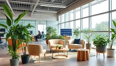 An office setting with eco-friendly elements like plants, solar panels, and recycled furniture, symbolizing sustainability and a commitment to green business practices in a modern workplace.
