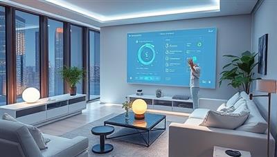 A futuristic living room setting with interconnected smart devices, showing a user adjusting energy settings on a sleek interface projected on a transparent screen, emphasizing modernity and eco-conscious living.