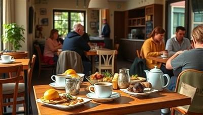 A cozy cafe scene with sunlit tables adorned with colorful breakfast dishes, steaming cups of coffee, and patrons enjoying a leisurely brunch, creating a warm and inviting ambiance that captures the essence of artisanal morning dining at the cafe.