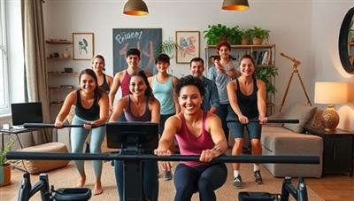 An image of a diverse group of people smiling and working out at home with rented fitness equipment, showcasing a variety of equipment setups in a modern and cozy living space, emphasizing convenience and accessibility.