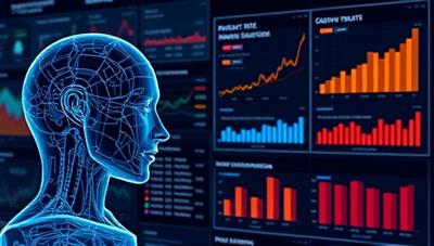 An AI algorithm analyzing real estate market data and trends on a digital interface, with graphs and charts displaying predictive insights and investment recommendations, illustrating the advanced analytics provided by SmartMarket Insights.