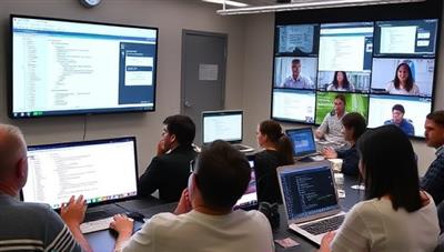 An online workshop setting with a diverse group of participants engaging in a hands-on web design activity, with screens displaying coding interfaces and design tools, representing the interactive and educational experience offered by WebWiz Workshops.