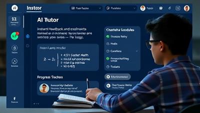 An AI tutor interface providing instant feedback and explanations for a student working on a math problem, displaying interactive learning modules, progress trackers, and personalized study recommendations, showcasing the AI-enhanced tutoring experience and support for academic success.