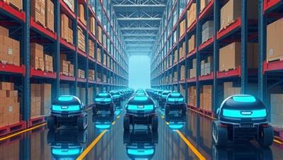 An illustration of the AutomateStock robotic system in action, showing autonomous robots moving through aisles of a warehouse, scanning and organizing inventory with precision and speed, demonstrating the advanced technology and efficiency of the system.