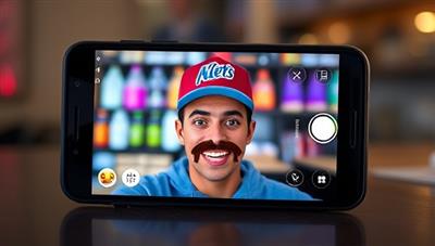 A smartphone screen displaying a user applying an AR filter that transforms their face into a branded product, with interactive elements like animations and sounds, showcasing the fun and engaging nature of ARBrandFilters.