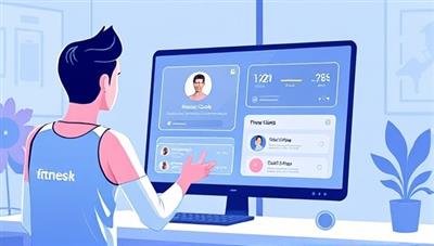 A dynamic digital illustration of a virtual fitness coach guiding a user through a workout session via a video call, with interactive fitness trackers and motivational messages displayed on-screen, creating an engaging and personalized fitness experience.