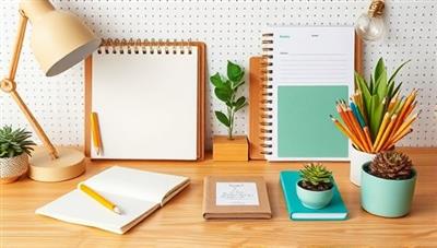An eco-friendly school desk setup featuring the contents of the subscription box, including sustainable school supplies like bamboo stationery, recycled paper notebooks, and plantable pencils, creating a visually appealing and environmentally friendly workspace.