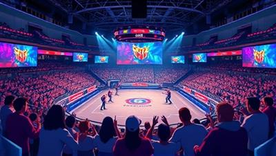 An animated virtual arena showcasing a live eSports tournament with cheering avatars, digital banners, and professional shoutcasting, capturing the excitement and intensity of a virtual gaming event on the platform.