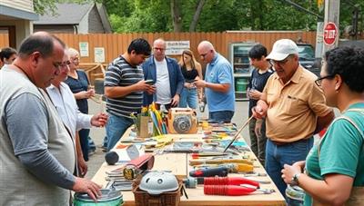An image of a vibrant community tool-sharing event with neighbors exchanging various tools, sharing knowledge, and collaborating on DIY projects, showcasing the spirit of community engagement and resource sharing in a friendly and inclusive environment.