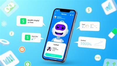 An interactive visual of a smartphone screen displaying the WealthWhiz Chat interface, featuring a friendly chatbot avatar offering financial advice and budgeting tips, with speech bubbles containing money symbols and financial graphs, creating a dynamic and engaging user experience.
