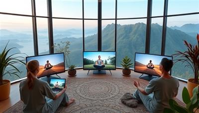 A serene virtual wellness retreat scene with participants engaging in meditation and yoga practices on their screens, surrounded by calming nature imagery and soothing music, evoking a sense of tranquility and rejuvenation.