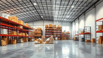An image of a warehouse space split into two sections: one depicting a cluttered and inefficient layout, and the other showcasing a sleek and optimized design by SpaceMax Solutions, highlighting the transformation and improved functionality of the space.