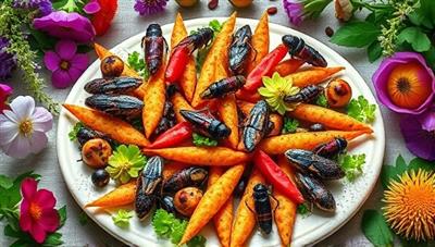 An artistic portrayal of colorful insect-based snacks arranged on a gourmet platter, surrounded by vibrant edible flowers and herbs, inviting consumers to explore the world of sustainable protein sources and culinary innovation.