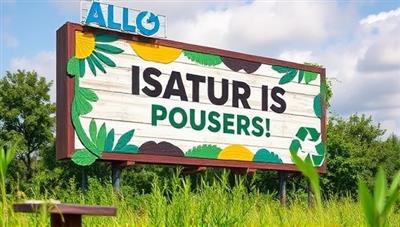 An image of a vibrant and eye-catching billboard made from recycled materials, showcasing a nature-inspired design with a clear message on sustainability, surrounded by greenery and eco-friendly symbols.